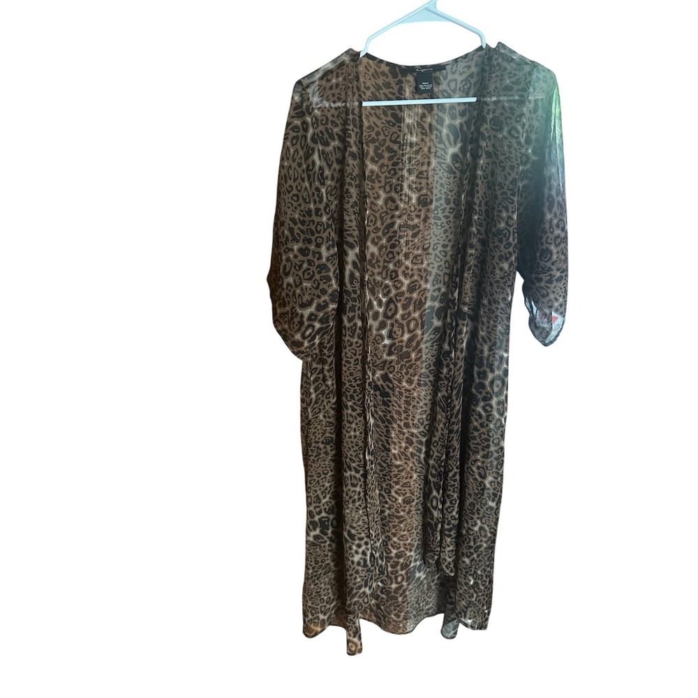 Cejon Leopard Print Kimono Duster Sheer Chiffon Open Front Cover Up OSFM Brown